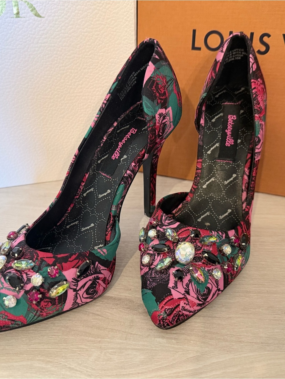 Betsey Johnson Pink & Green Floral Jeweled Pointed-Toe Pumps